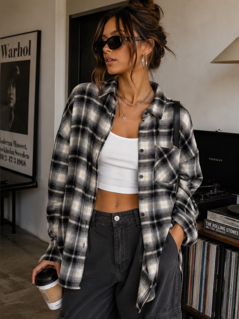 BP. Oversized Plaid Flannel Button Down Black Ivory 1X